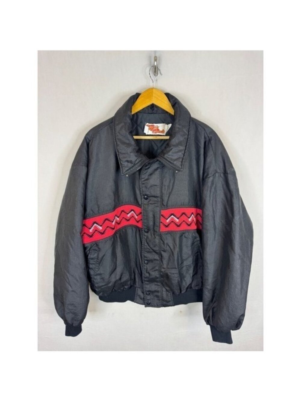 Vintage Comfy Casuals Mens Black Southwestern Puffy Bomber Jacket XL Made in USA